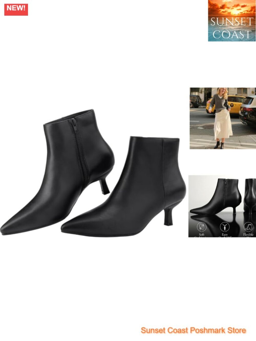 Kitten Heel Pointed Toe Ankle Booties Faux Leather Memory Foam Side Zip